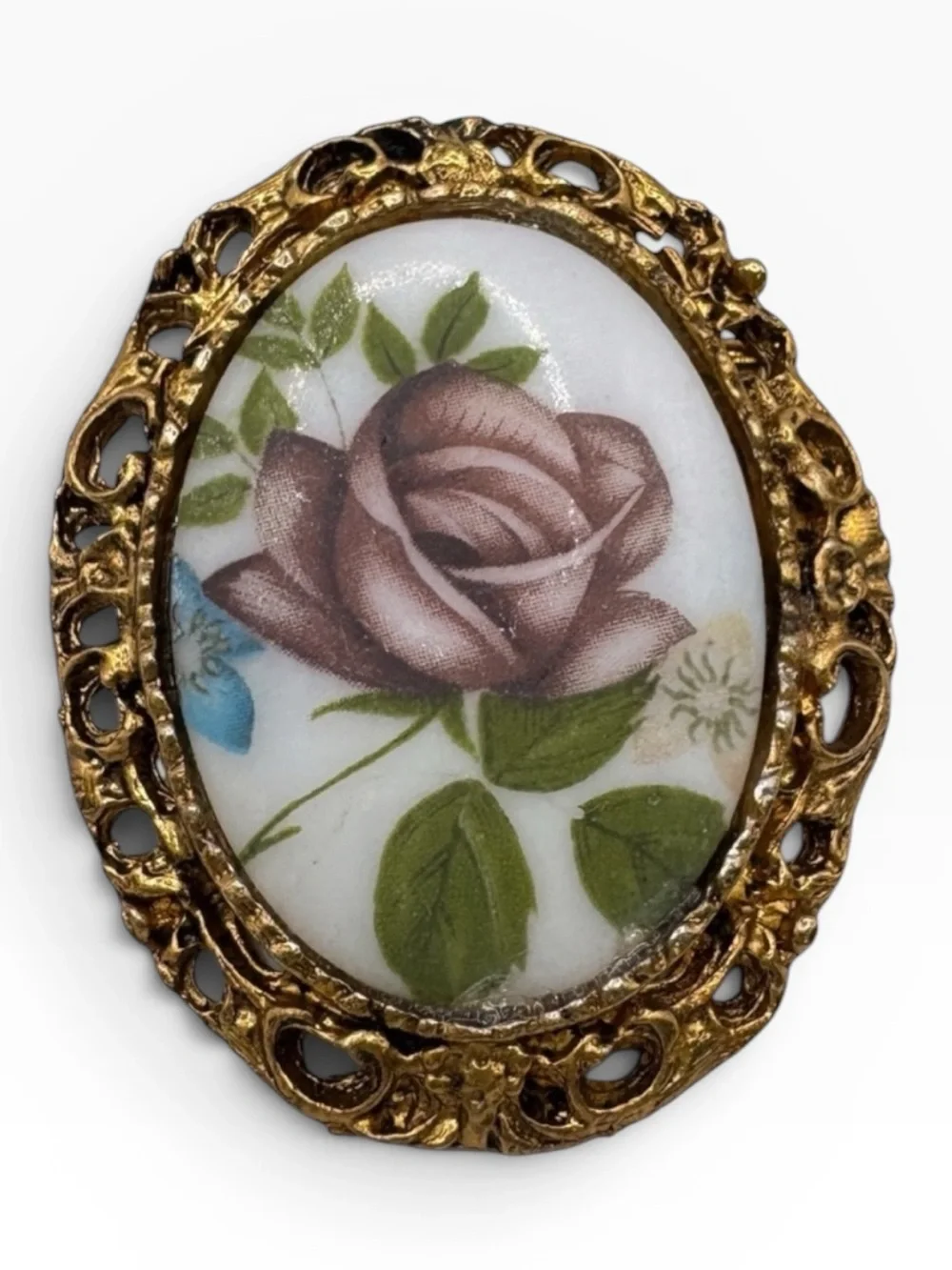 Vintage Pink Rose Porcelain Cameo Brooch Gold Tone Filigree Floral Pin Estate